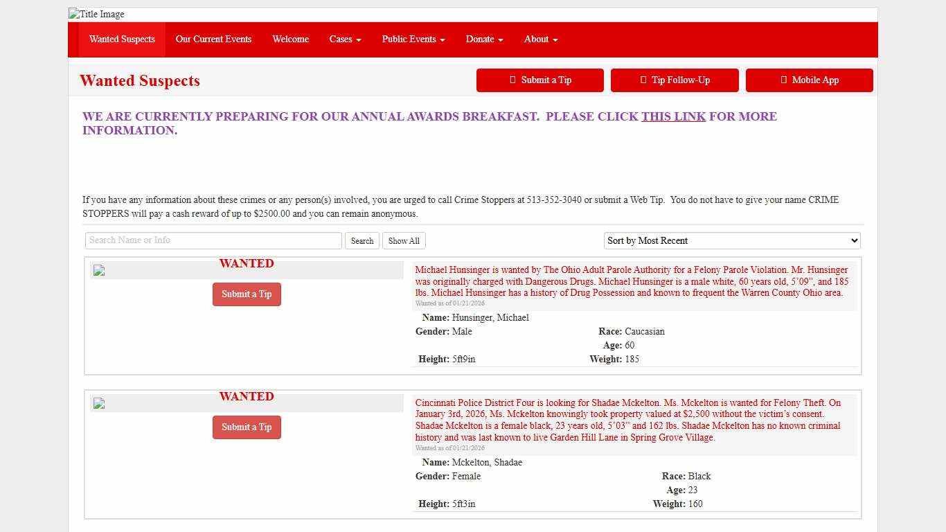 Wanted Suspects - Greater Cincinnati / N. Kentucky Crime Stoppers