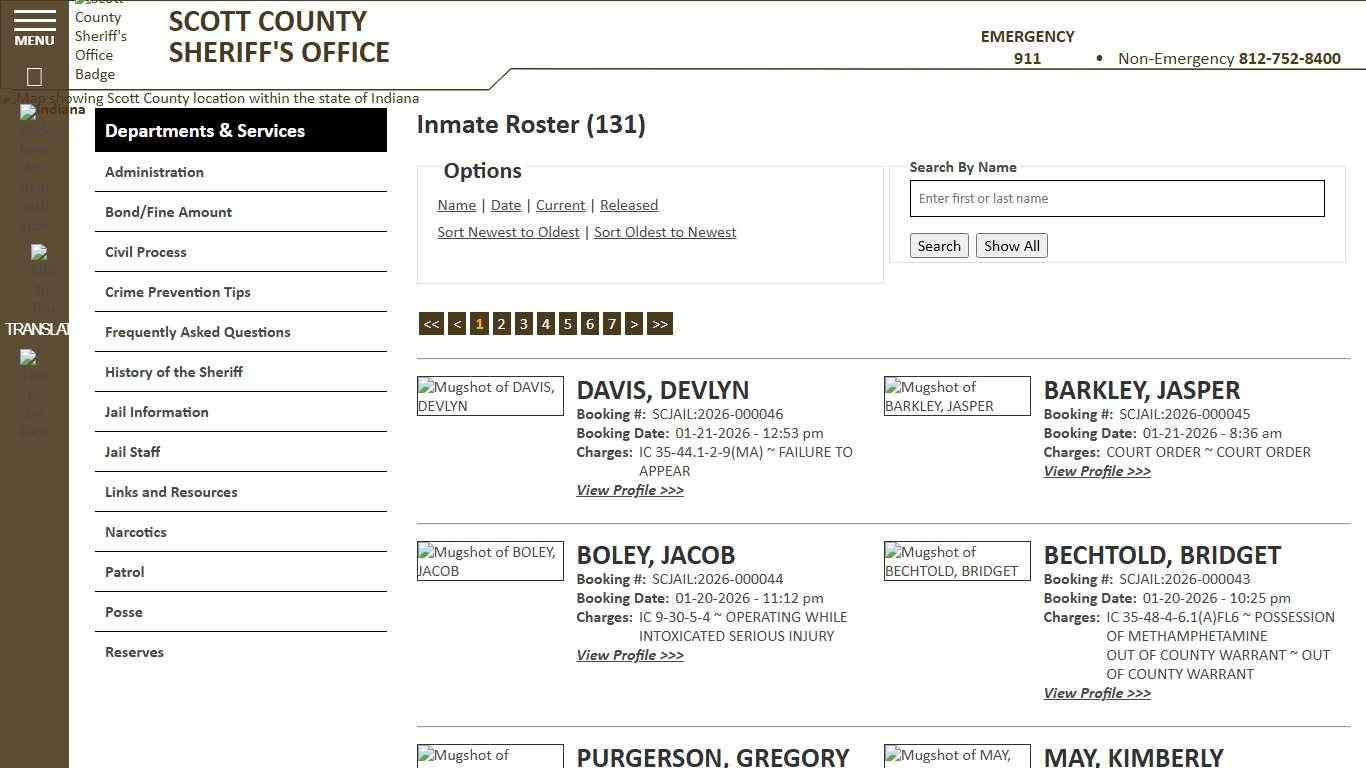 Inmate Roster - Current Inmates Booking Date Descending - Scott County Sheriff - Scottsburg, IN